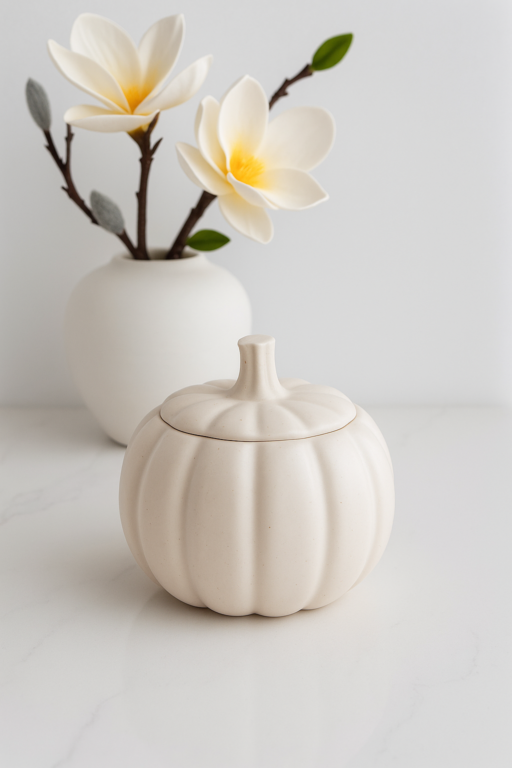 Luxury Jesmonite Pumpkin Jar – Black with Gold Leaf Stem or White Minimalist