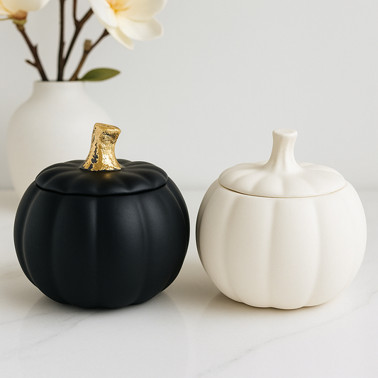 Luxury Jesmonite Pumpkin Jar – Black with Gold Leaf Stem or White Minimalist