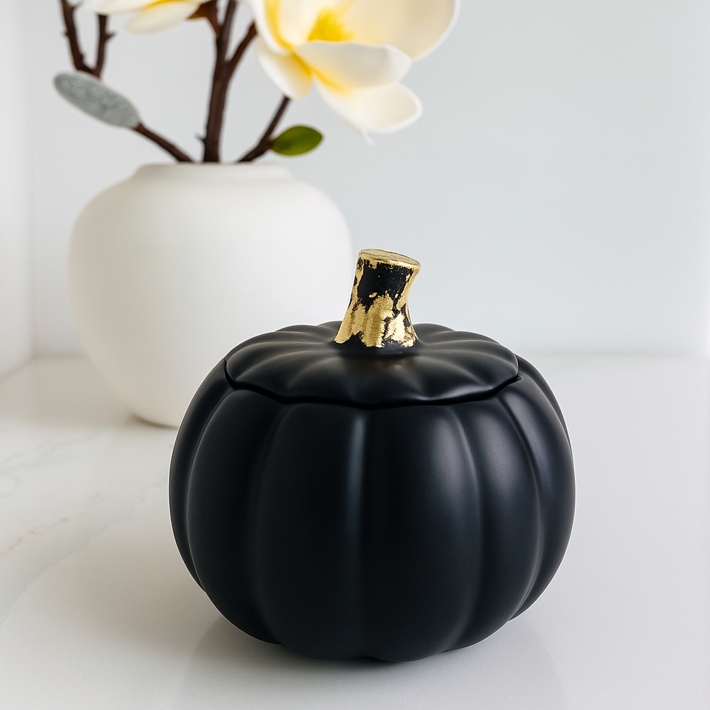 Luxury Jesmonite Pumpkin Jar – Black with Gold Leaf Stem or White Minimalist